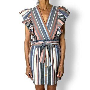 Saylor Lissie 100% Cotton Striped Blue Mini Dress Ruffle Sleeves V Neck Size XS